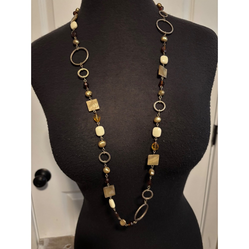 Lia Sophia Cipriani Necklace Vintage Long Gold Boho Pearl Shell Crystal 36"